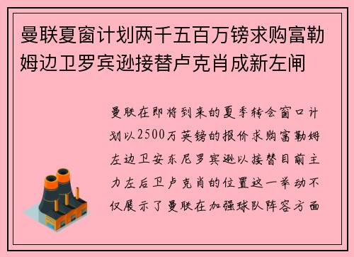 曼联夏窗计划两千五百万镑求购富勒姆边卫罗宾逊接替卢克肖成新左闸